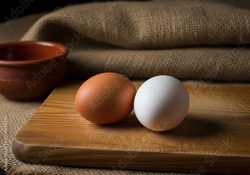 Wooden bowl with two brown eggs and white egg on woven mat kitchen