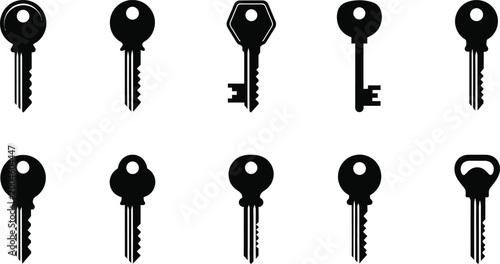 Foto Collection of black silhouette keys on a white background