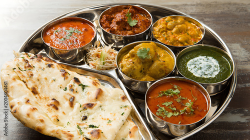 Exquisite Indian Thali Platter: Assorted Dishes with Vibrant Hues and Detailed Presentation, Perfect for Culinary and Cultural Themes