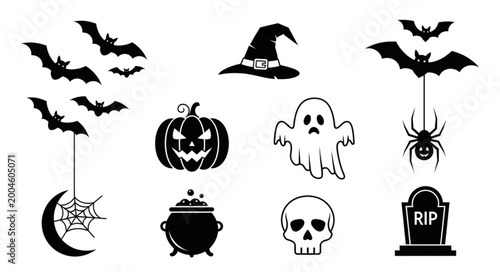 Tableau sur toile Black Halloween icons on white.
