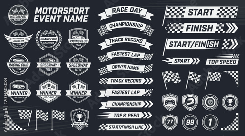 Motorsport Racing Event Graphics Set with Checkered Flags Badges Ribbons and Speed Emblems