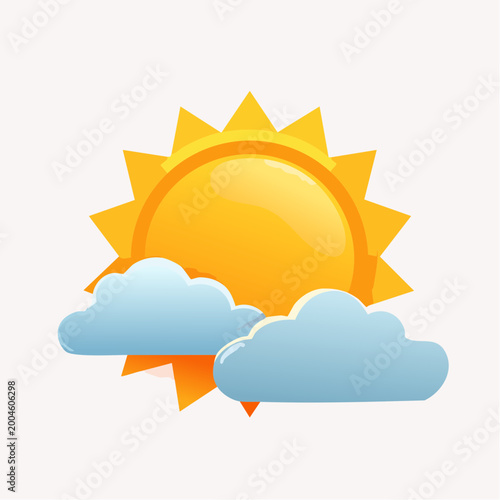 The sun shines brightly behind two fluffy clouds in a clear sky.