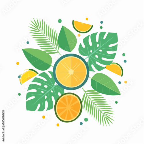A vibrant illustration of tropical leaves and slices of citrus fruits arranged in a colorful pattern.