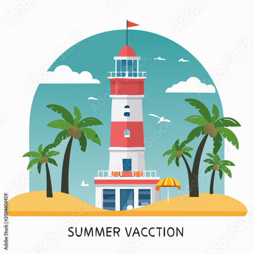 A serene summer vacation scene features a lighthouse standing tall on a sandy beach surrounded by palm trees under a clear sky.