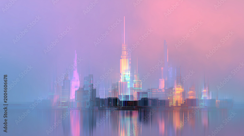 Obraz premium Dreamy pastel cityscape featuring glowing structures and glitch effects during twilight