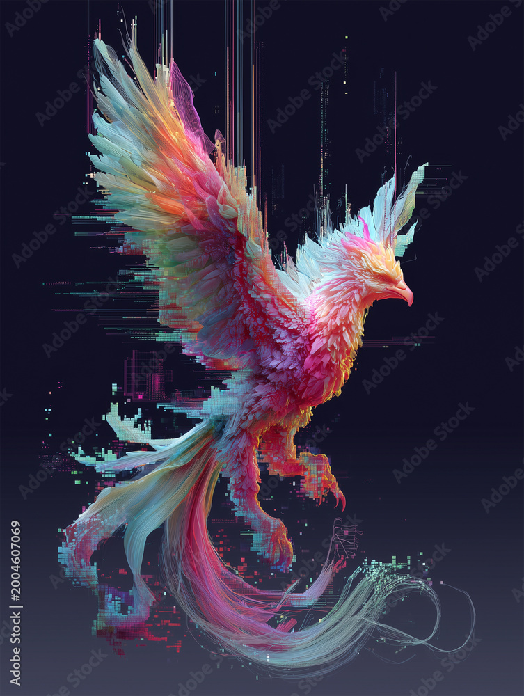 Fototapeta premium Surreal digital phoenix rises from pastel glitch flames while feathers dissolve into vibrant neon pixels