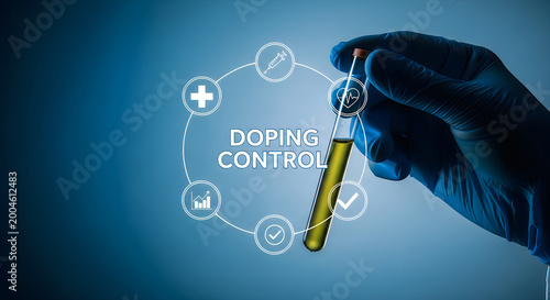 Hand in blue glove holding test tube with yellow liquid surrounded by doping control