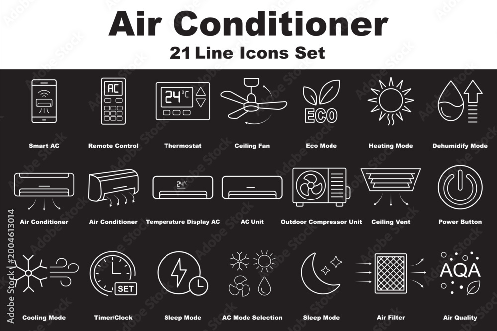 Fototapeta premium Air Conditioner Line Icon Set, Minimal Vector Outline HVAC Illustrations for Smart Home App, AC Remote Control Interface, Heating, Cooling, and Climate UI Design.