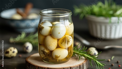 Pickled Quail Eggs in a Glass Jar with Rosemary on a Wooden Stand, Rustic Setting