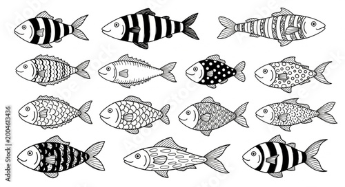 Foto Variety of fish with different patterns.