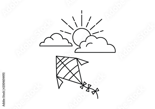 Simple line art kite flying under sun and clouds