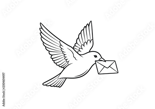 Flying pigeon delivering a letter envelope line art
