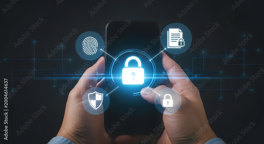 Naklejka premium Hands holding smartphone displaying glowing padlock and security for digital protection