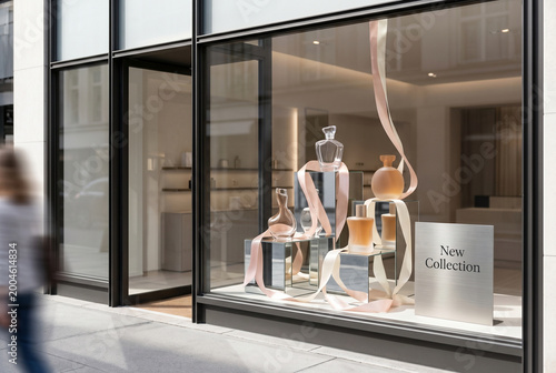 A store window showcases a new collection of glass vases arranged on clear stands with decorative ribbons. A passerby walks by on the street while the display captures attention.