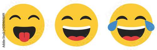 Laugh emoji icon set in generic style representing LOL expression, laughing face emoticons, humor reaction, joyful emotion, and digital communication feedback for messaging and social media platforms.