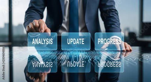 Businessman touching glowing buttons labeled ANALYSIS, UPDATE, PROGRESS on a futuristic interface with circuit board reflection
