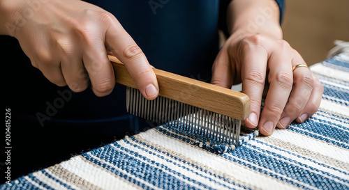 Hands using a reed comb to beat down threads on a loom for weaving a striped textile