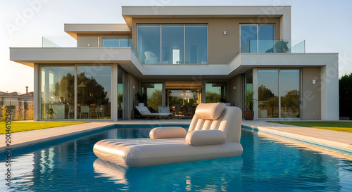 Modern luxury villa with infinity pool and inflatable lounger on a sunny day