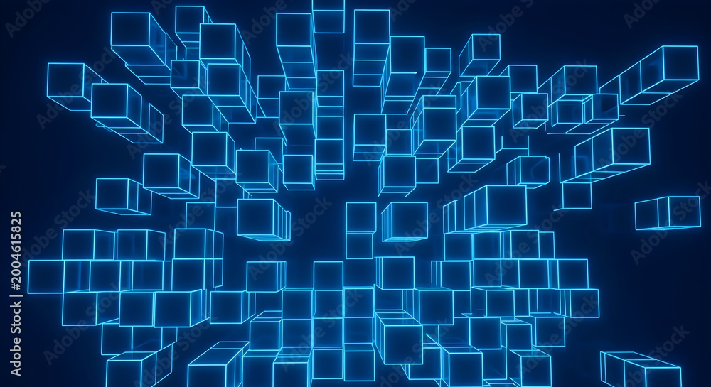 Obraz premium Abstract 3D render of glowing blue cubes arranged in a dynamic, futuristic grid formation against a dark background