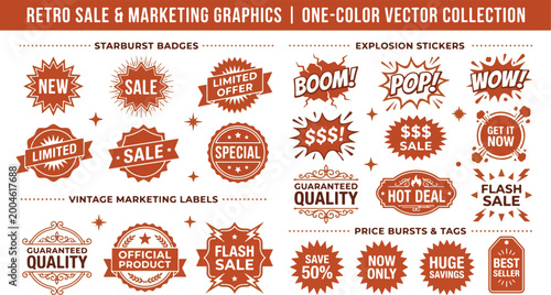 Foto Retro Sale and Vintage Marketing Graphic Collection with Starburst Badges and La
