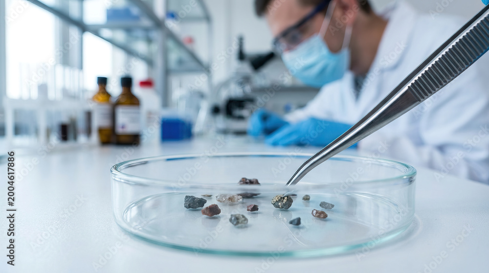 Fototapeta premium Scientist examining mineral samples with tweezers in laboratory setting, wearing protective gloves and mask, focused on research and analysis