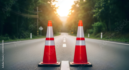 Two orange and white traffic cones on a road at sunset with forest backdrop