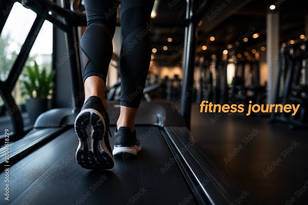 Obraz premium A person in workout gear is running on a treadmill in a dimly lit gym.