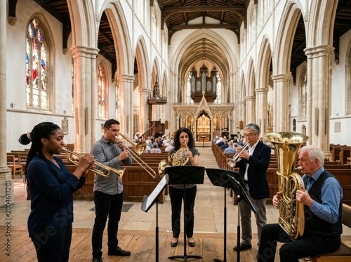 Brass musicians performing inside a historic church with stained glass windows and wooden pews