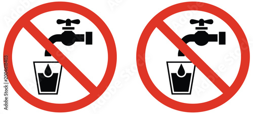 Non potable water do not drink icon collection showing prohibition symbols, unsafe liquid warning, water contamination alert, safety restriction signs