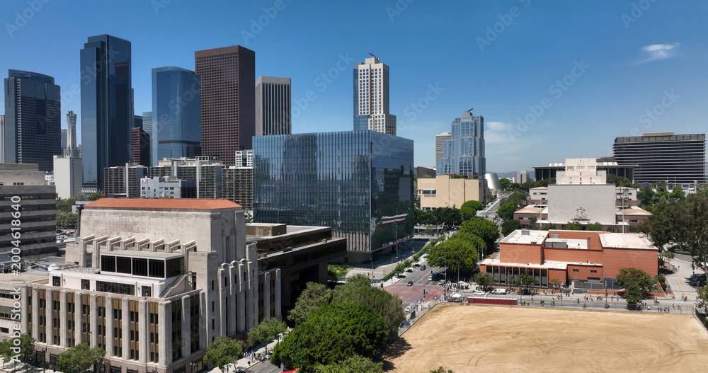 Fototapeta premium Los Angeles skyline cityscape business district. Los Angeles downtown modern skyscrapers skyline. Los Angeles towers skyline panorama view. Los Angeles aerial drone cityscape.