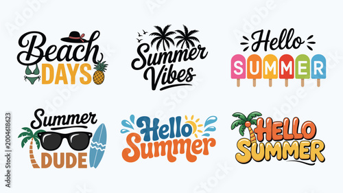Handwritten summer vibes typography with sunglasses surfboard and colorful popsicle icons.