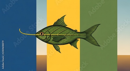 Stylized fish illustration on colorful geometric background