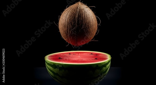 Coconut falling above watermelon slice on black background