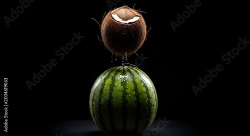 Balanced fruits stacked with coconut and watermelon on black