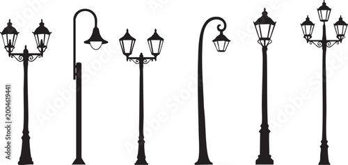 Obraz na plátně Collection of vintage street lamps a black and white illustration