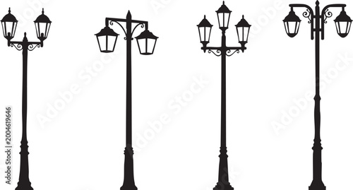 Fotografie Vintage street lamps collection a black and white silhouette illustration