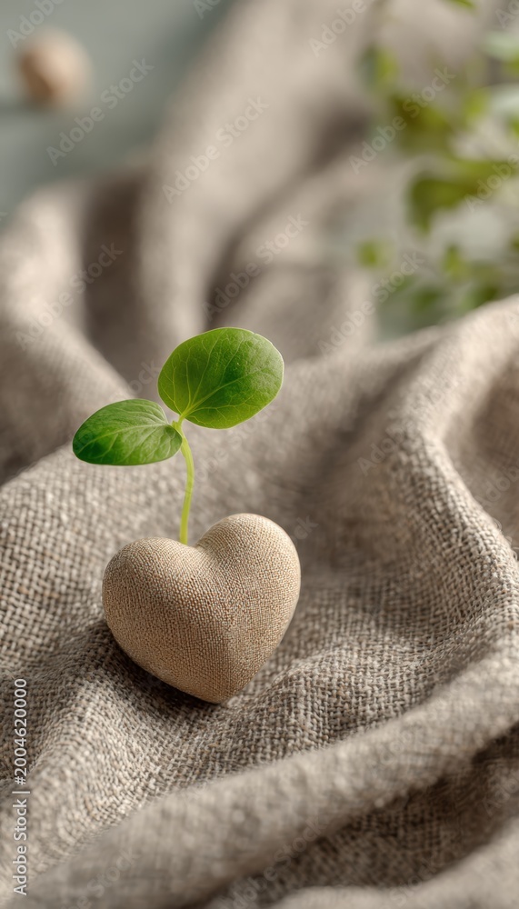 Fototapeta premium Object Only Premium Sprouting Leaf Beside Smooth Heart Bead Soft Woven Fabric