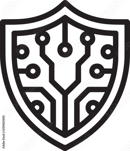 Shield cybersecurity circuit board in black and white minimalist line art for technology security