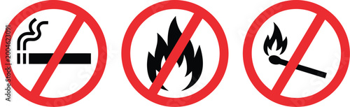 Red no smoking and no flame prohibition symbol showing smoking ban, fire safety control, open fire restriction, hazard prevention, emergency warning signage,