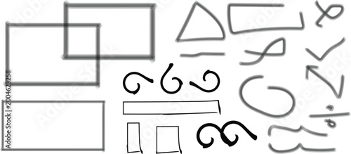 Collection of geometric shapes and handwritten symbols on white background