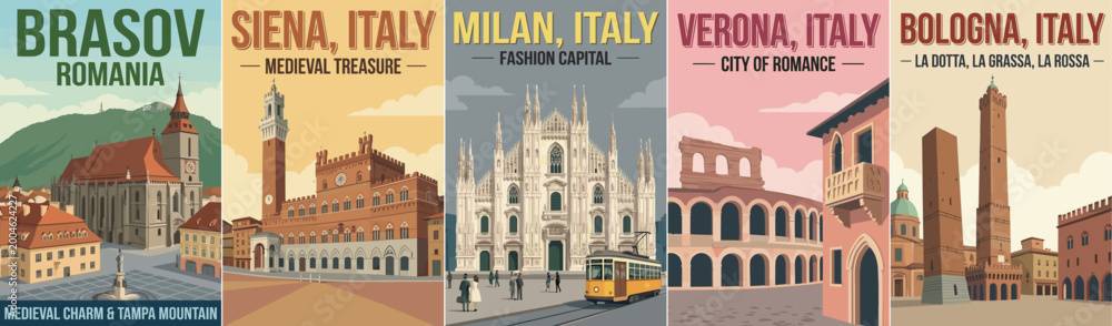 Fototapeta premium Vintage europe travel poster set. Including brasov romania, siena, milan, verona, and bologna italy. Retro flat vector wall art prints.