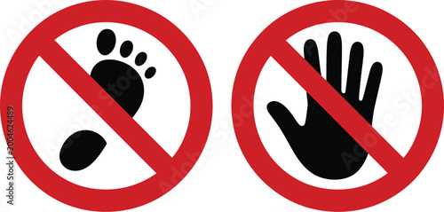 Do not step, do not touch, no barefoot, and no entry hand symbols sticker set showing stop, ban, and prohibited actions, safety restriction