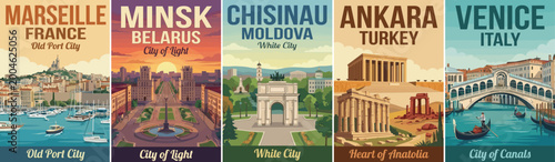 Vintage europe travel poster set. Including marseille france, minsk belarus, chisinau moldova, ankara turkey, and venice italy. Retro wall art prints.