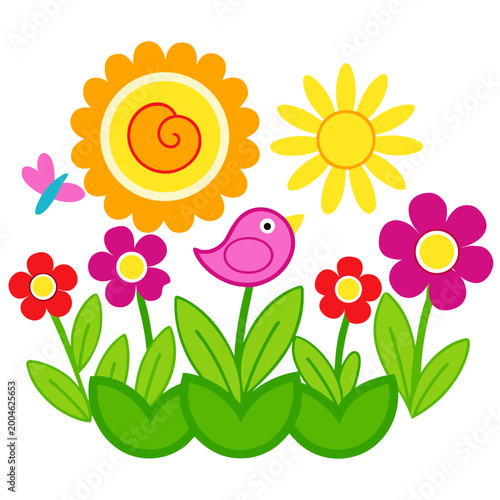 Colorful flowers with sun and bird illustration