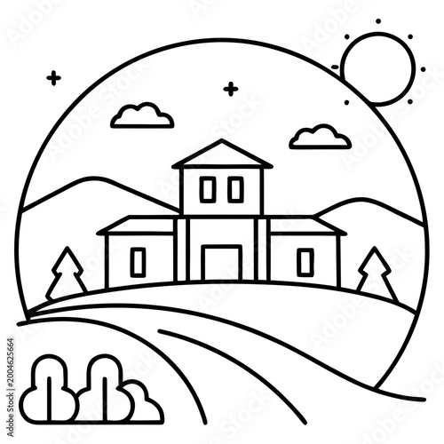 Simple house illustration on a green hill under blue sky