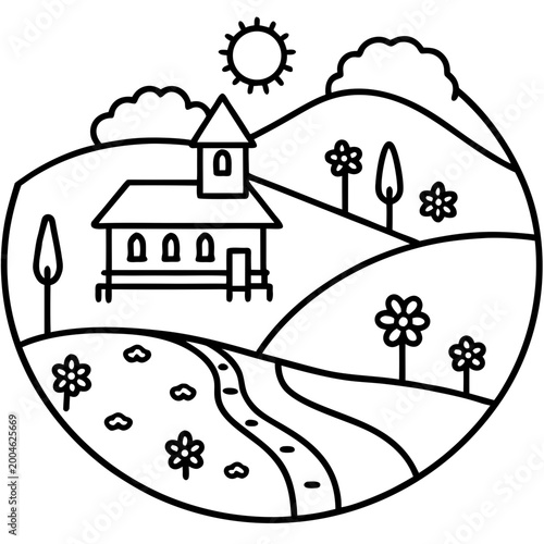 Simple house illustration in a rural landscape