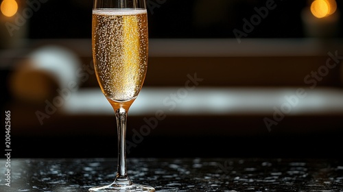 Elegant champagne glass with bubbles on dark marble bar in romantic evening ambience
