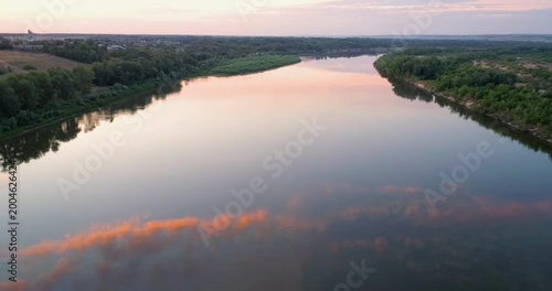 sunrise on the Don river, 4K aerial view of morning mist at sunrise, morning mist on the river,  Aerial view of mystical river at sunrise with fog