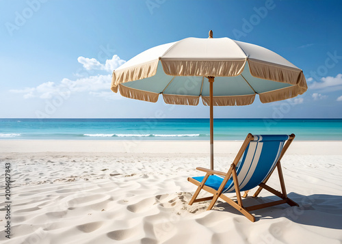 Sombrilla de playa y hamaca sobre arena blanca frente al mar turquesa con cielo y horizonte de mar, escena de verano concepto de vacaciones, relax, descanso, lujo, viajes y escapadas