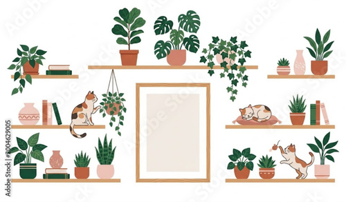 Tableau sur toile Scandinavian cozy home interior set with shelves plants and cats vector illustra